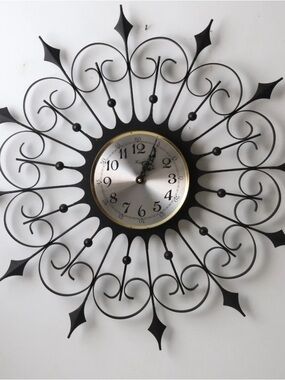 Mid Century Welby Ornate Black Metal Sunburst Wall Clock with Silver Dial